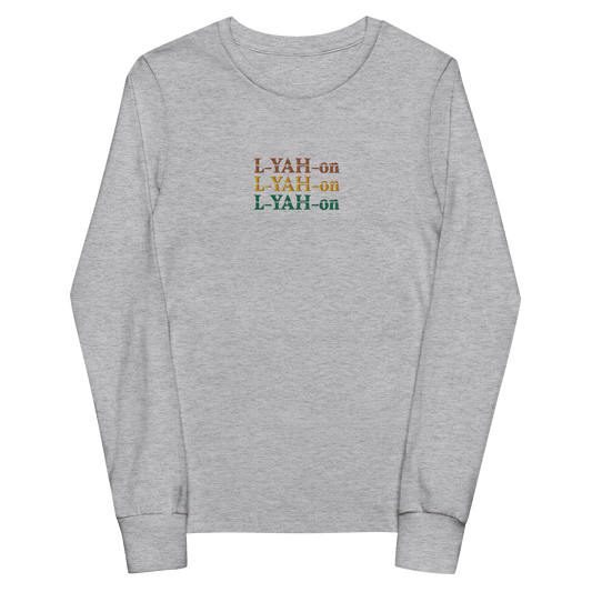 Gray long-sleeve shirt with 'LYAH-on' text in multicolor 