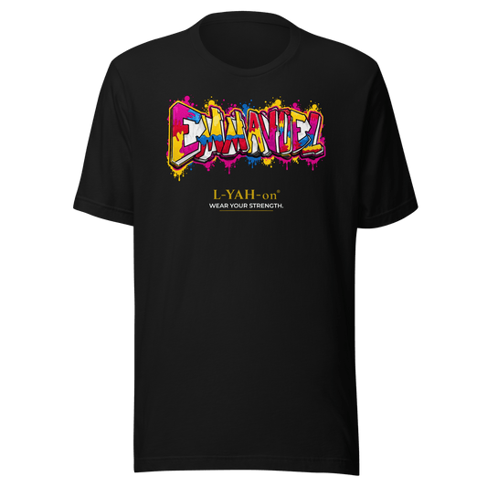 Black Emmanuel Graffiti T-shirt with vibrant graffiti lettering celebrating God with us through faith-inspired streetwear.