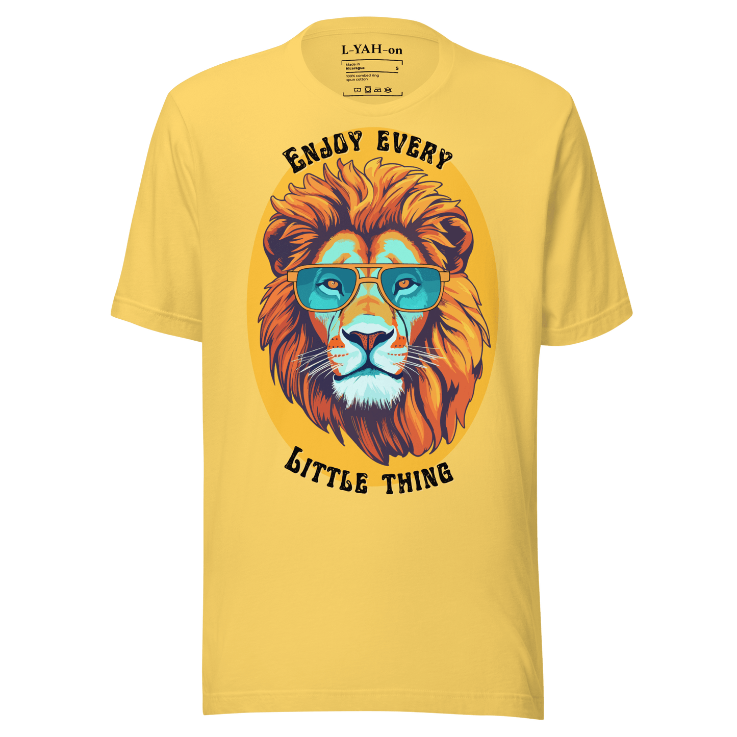 Yellow t-shirt with a lion graphic and text on a green background
