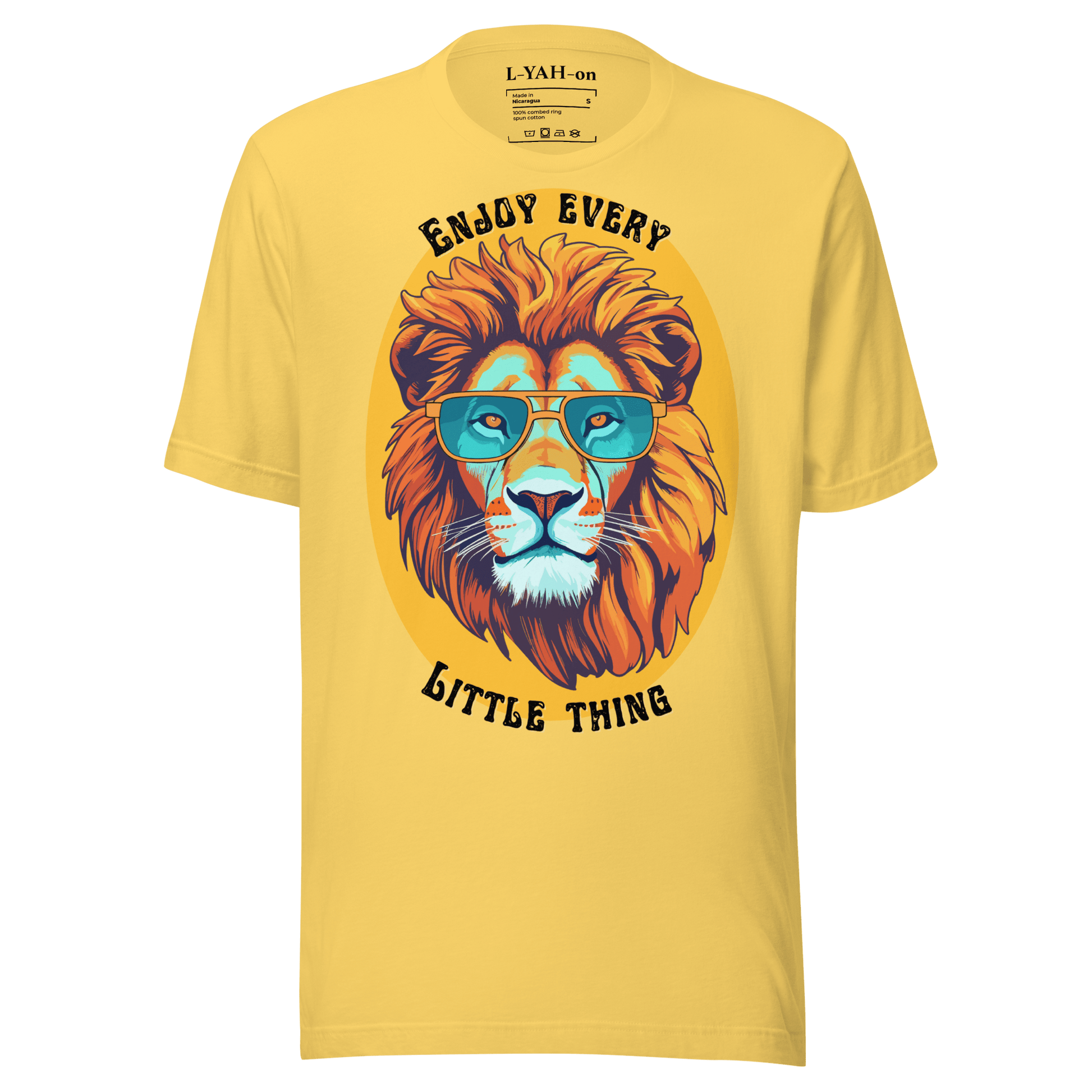 Yellow t-shirt with a lion graphic and text on a green background