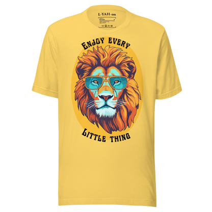 Yellow t-shirt with a lion graphic and text on a green background