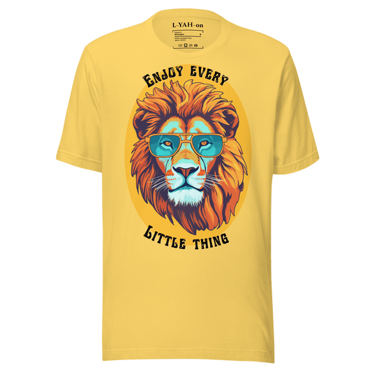 Yellow t-shirt with a lion graphic and text on a green background