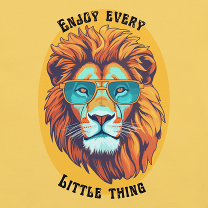 Lion wearing sunglasses with text 'Enjoy Every Little Thing' on a yellow background