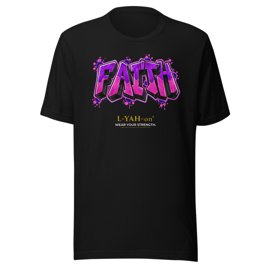 Black Faith Graffiti T-shirt featuring bold purple graffiti lettering and modern faith-inspired streetwear by L-YAH-on®