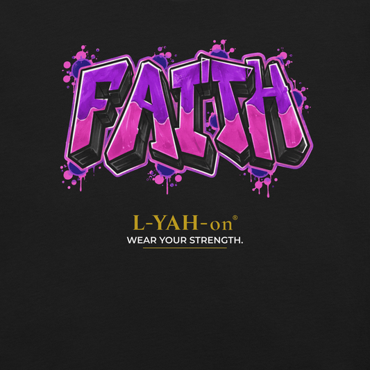 Black Faith Graffiti T-shirt featuring bold purple graffiti lettering and modern faith-inspired streetwear by L-YAH-on®