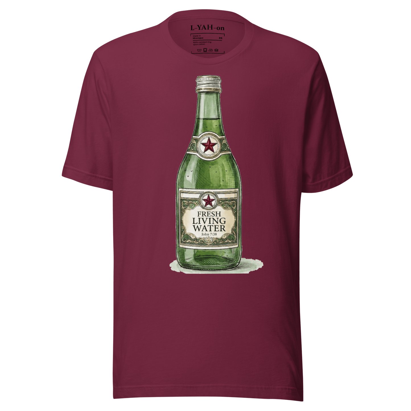 Maroon t-shirt with a green bottle graphic on a white background
