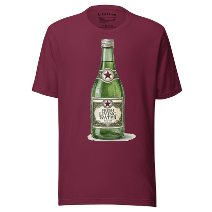 Maroon t-shirt with a green bottle graphic on a white background
