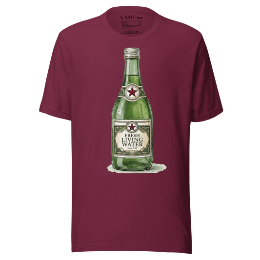 Maroon t-shirt with a green bottle graphic on a white background