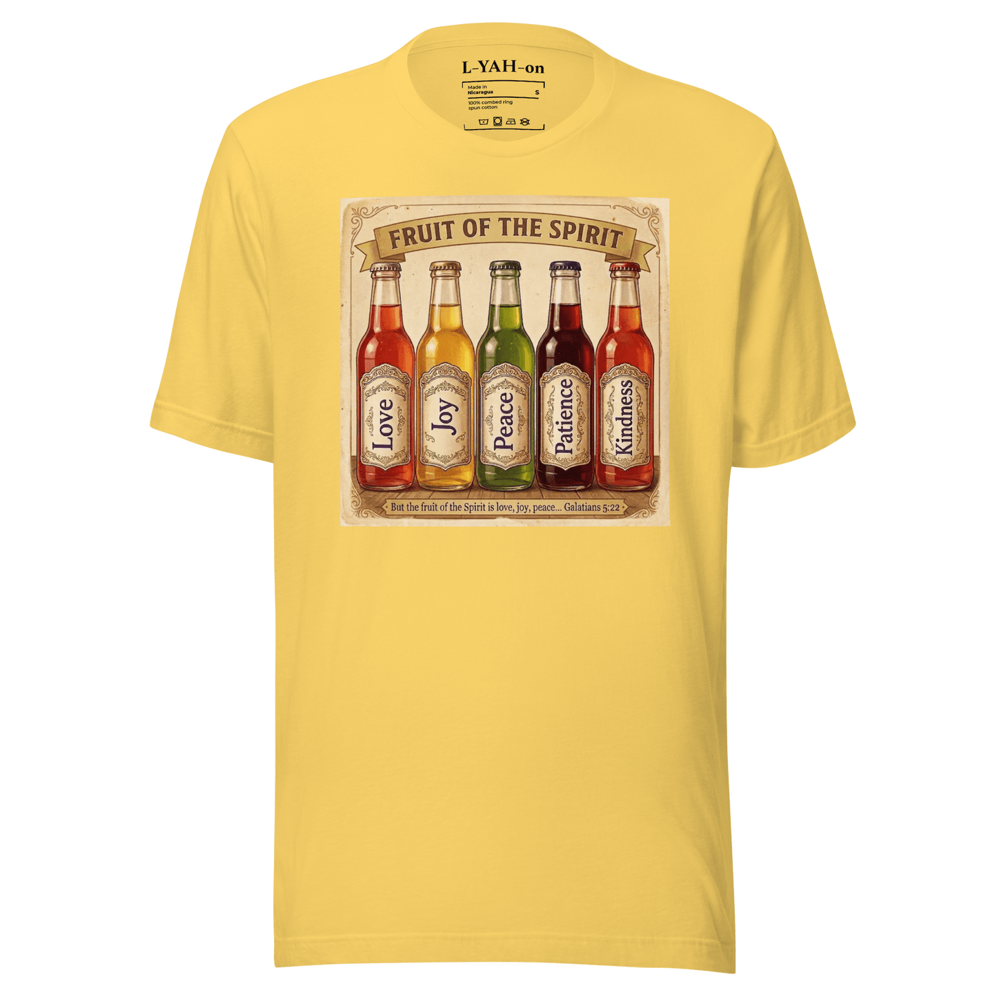 Yellow t-shirt with 'Fruit of the Spirit' graphic featuring colorful bottles on a white background