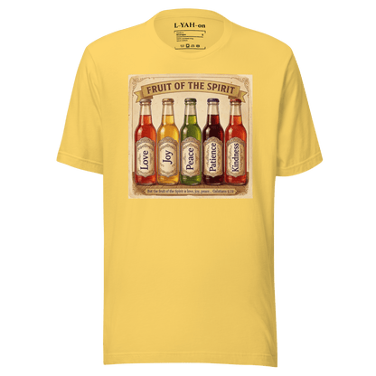 Yellow t-shirt with 'Fruit of the Spirit' graphic featuring colorful bottles on a white background