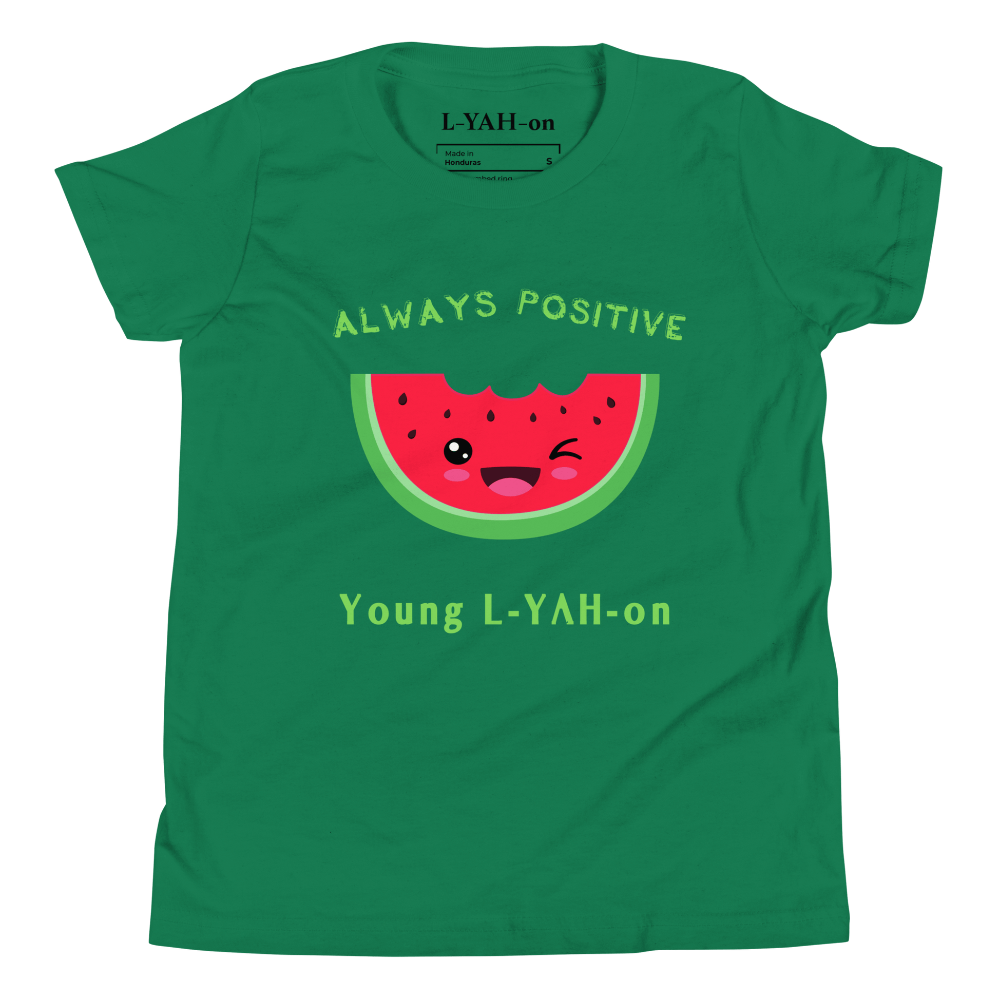 Green t-shirt with a smiling watermelon graphic
