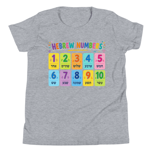 Gray t-shirt with colorful Hebrew numbers design 