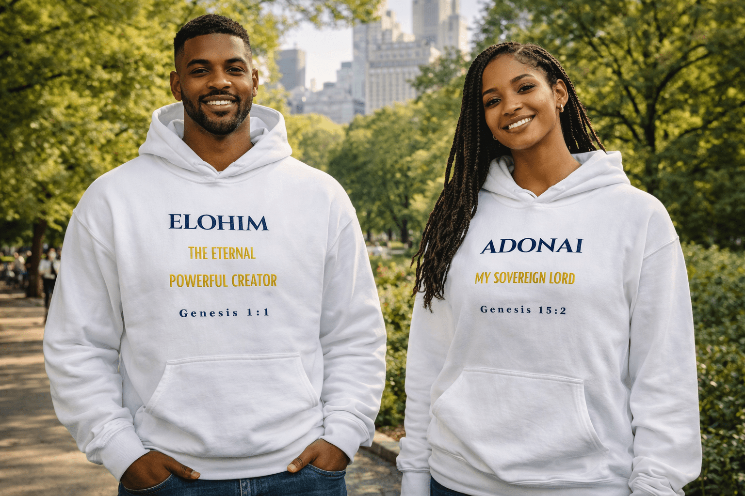 Two people wearing white hoodies with God's Name text in an outdoor setting.