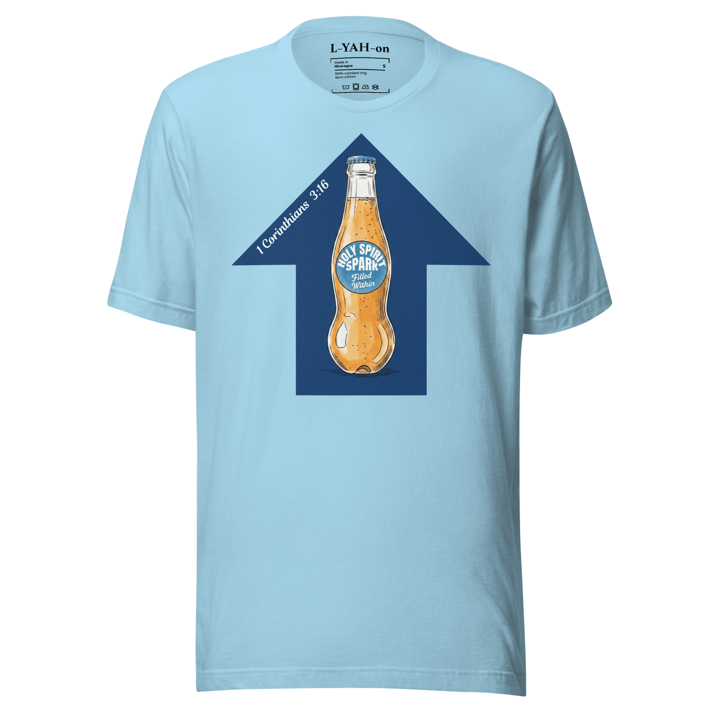 Light blue t-shirt with a bottle graphic and text on a white background