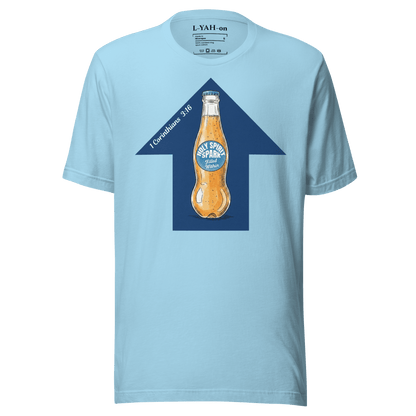 Light blue t-shirt with a bottle graphic and text on a white background