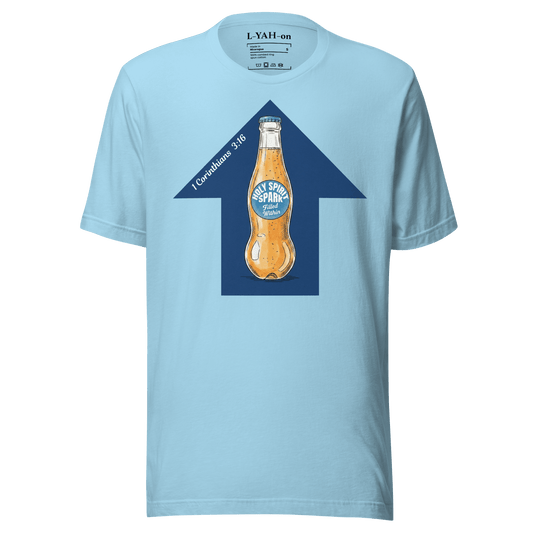 Light blue t-shirt with a bottle graphic and text on a white background