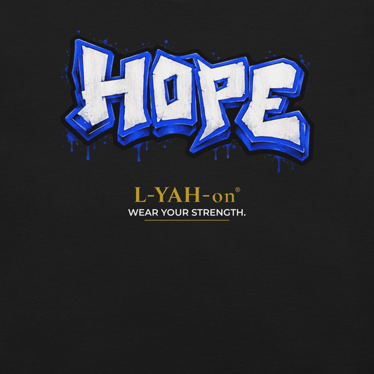 Black Hope Graffiti T-shirt with striking blue graffiti lettering expressing hope through faith-inspired streetwear.