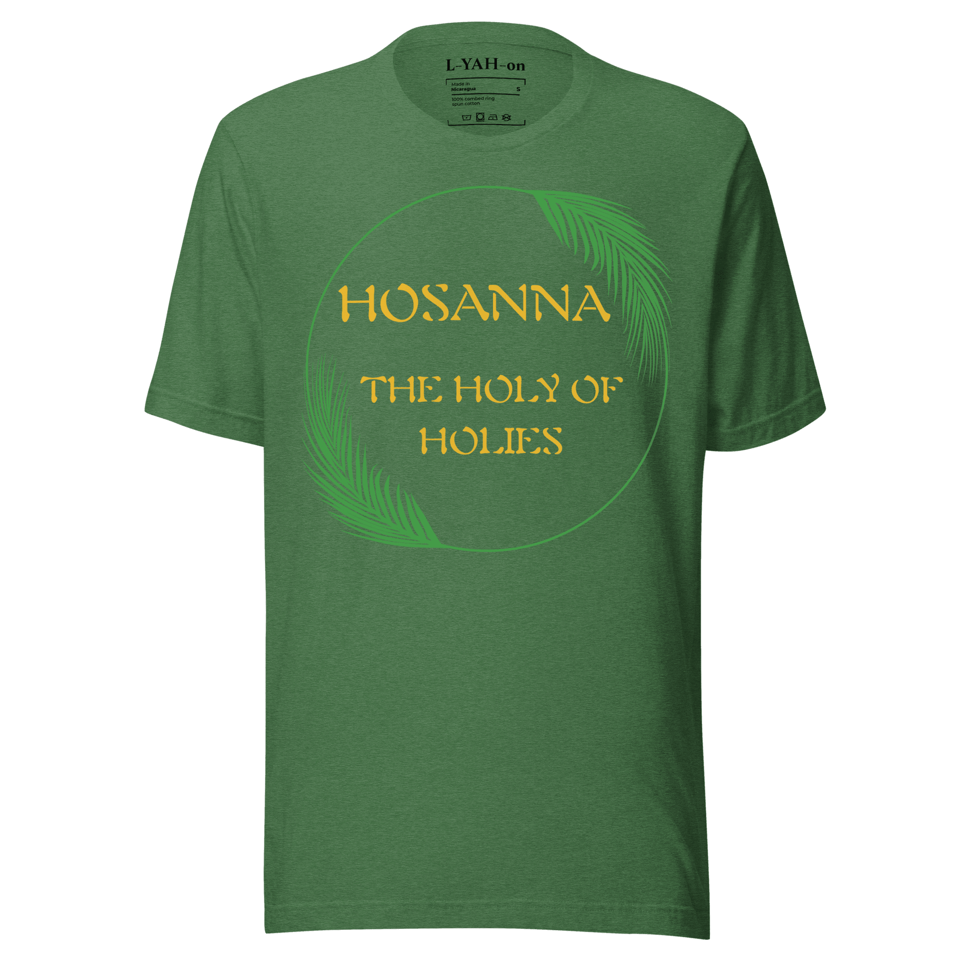 Green t-shirt with 'Hosanna The Holy of Holies' text on a green background