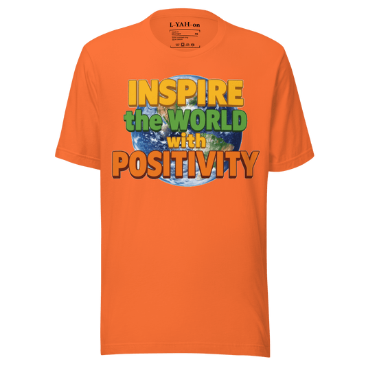 Orange t-shirt with motivational text and Earth graphic on a white background