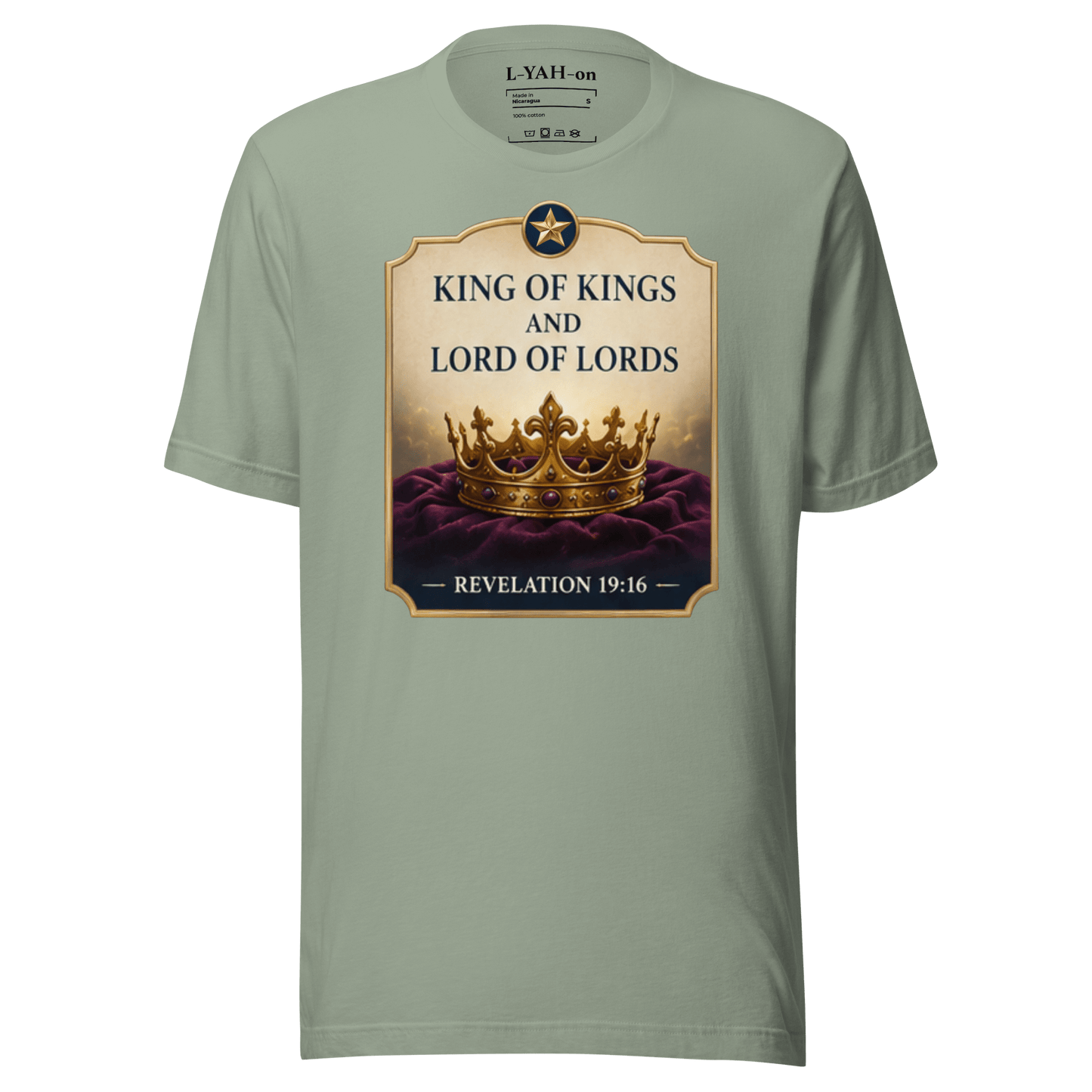 Faith-inspired King of Kings and Lord of Lords T-shirt design inspired by Revelation 19:16. A spiritual apparel with elevated style.