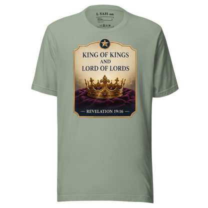 Faith-inspired King of Kings and Lord of Lords T-shirt design inspired by Revelation 19:16. A spiritual apparel with elevated style.