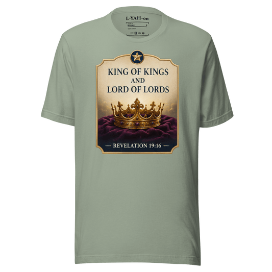 Faith-inspired King of Kings and Lord of Lords T-shirt design inspired by Revelation 19:16. A spiritual apparel with elevated style.