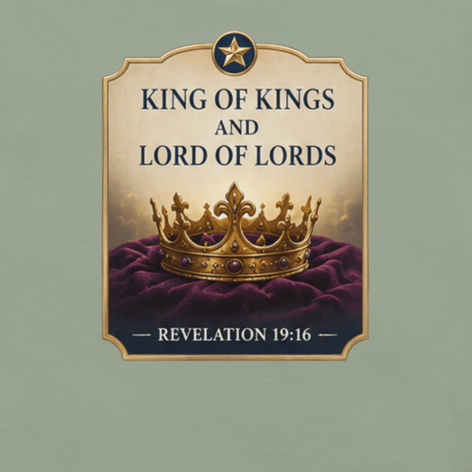 Faith-inspired King of Kings and Lord of Lords T-shirt featuring a royal crown design inspired by Revelation 19:16