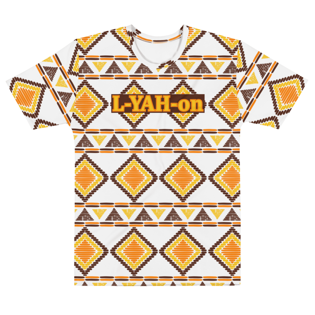 A white t-shirt with an African pattern in brown and beige colors, featuring the text 'L-YAH-on' prominently displayed.
