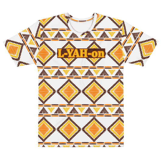 A white t-shirt with an African pattern in brown and beige colors, featuring the text 'L-YAH-on' prominently displayed.