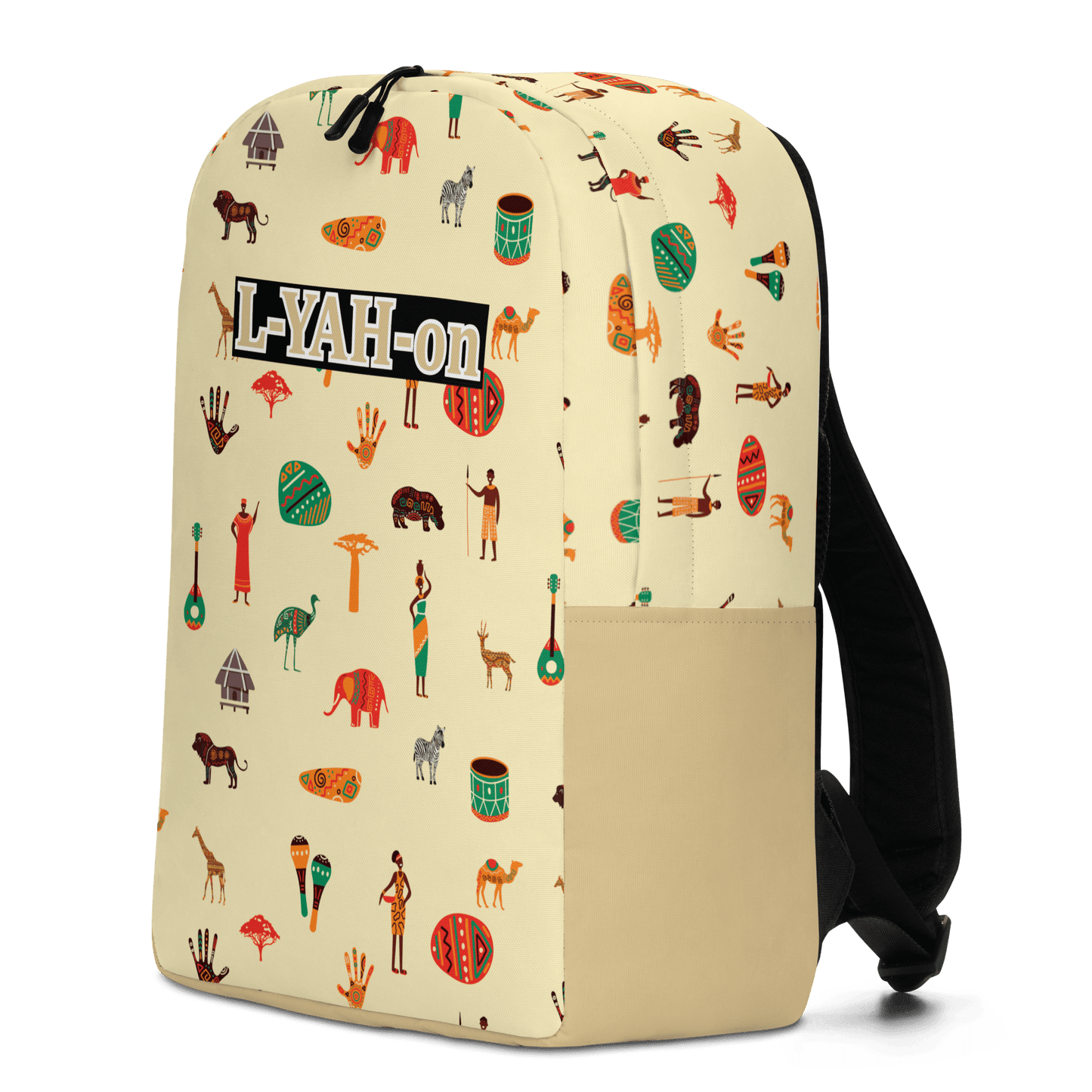 Backpack with colorful patterns and 'L-YAH-on' branding on a beige background