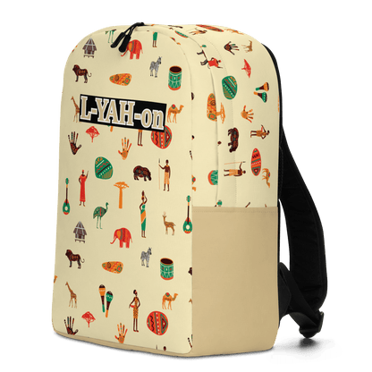 Backpack with colorful patterns and 'L-YAH-on' branding on a beige background