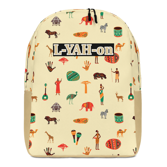 Backpack with colorful patterns and 'L-YAH-on' branding on a beige background