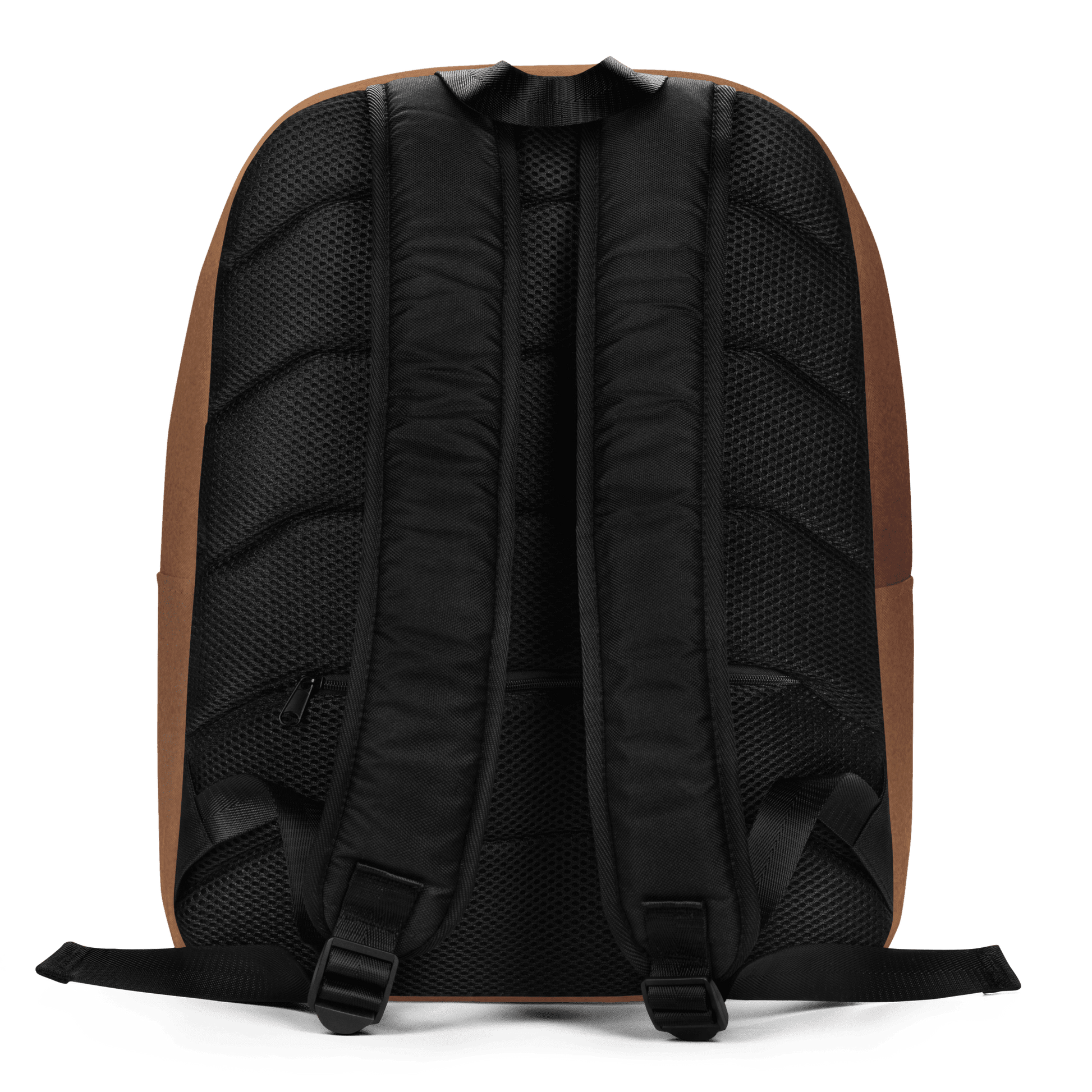 Back view of a black backpack with brown accents