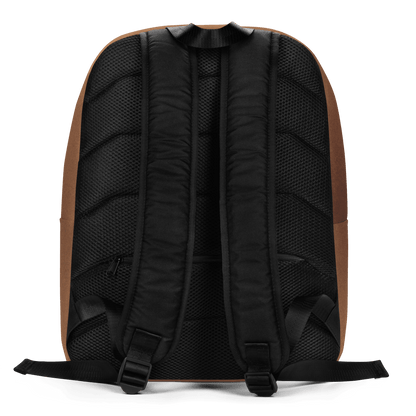 Back view of a black backpack with brown accents