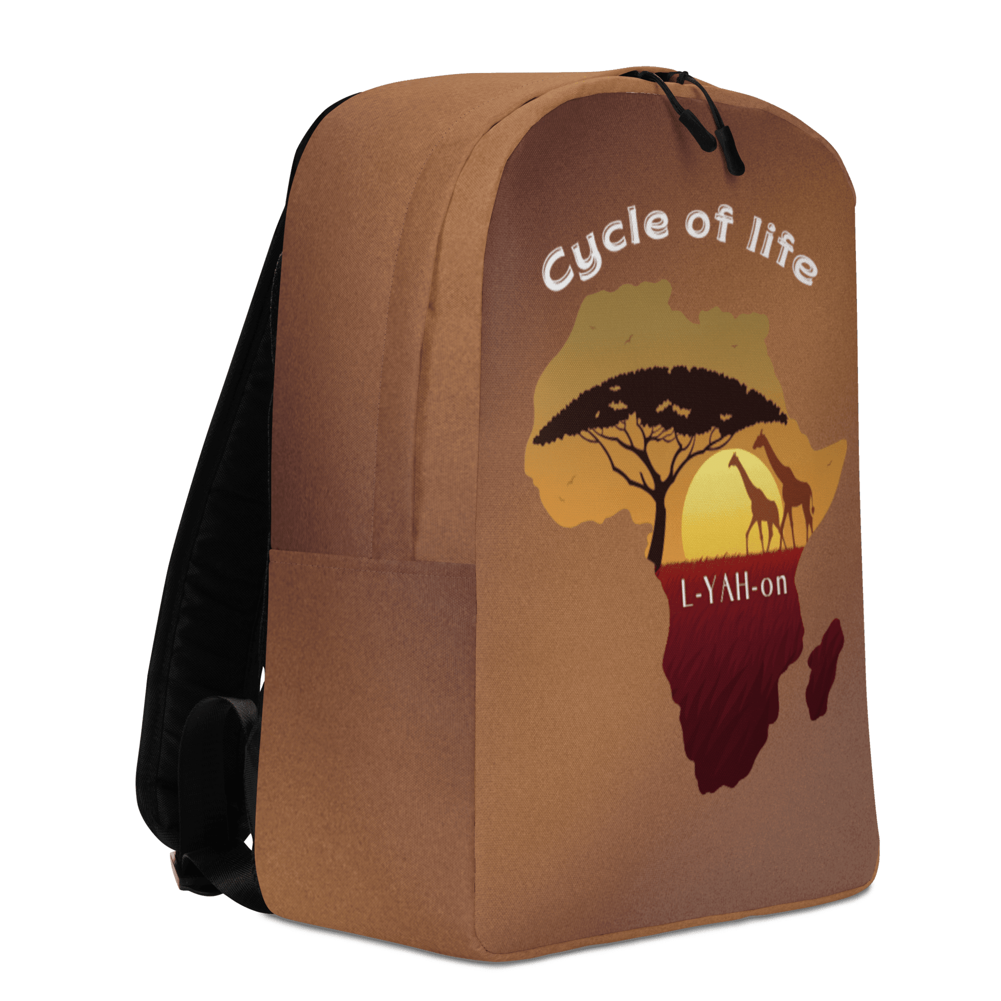 Brown backpack with 'Cycle of life' and 'L-YAH-on' design
