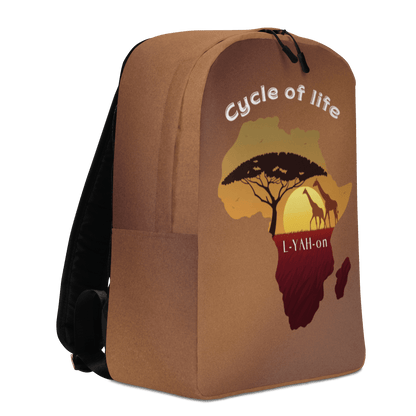 Brown backpack with 'Cycle of life' and 'L-YAH-on' design