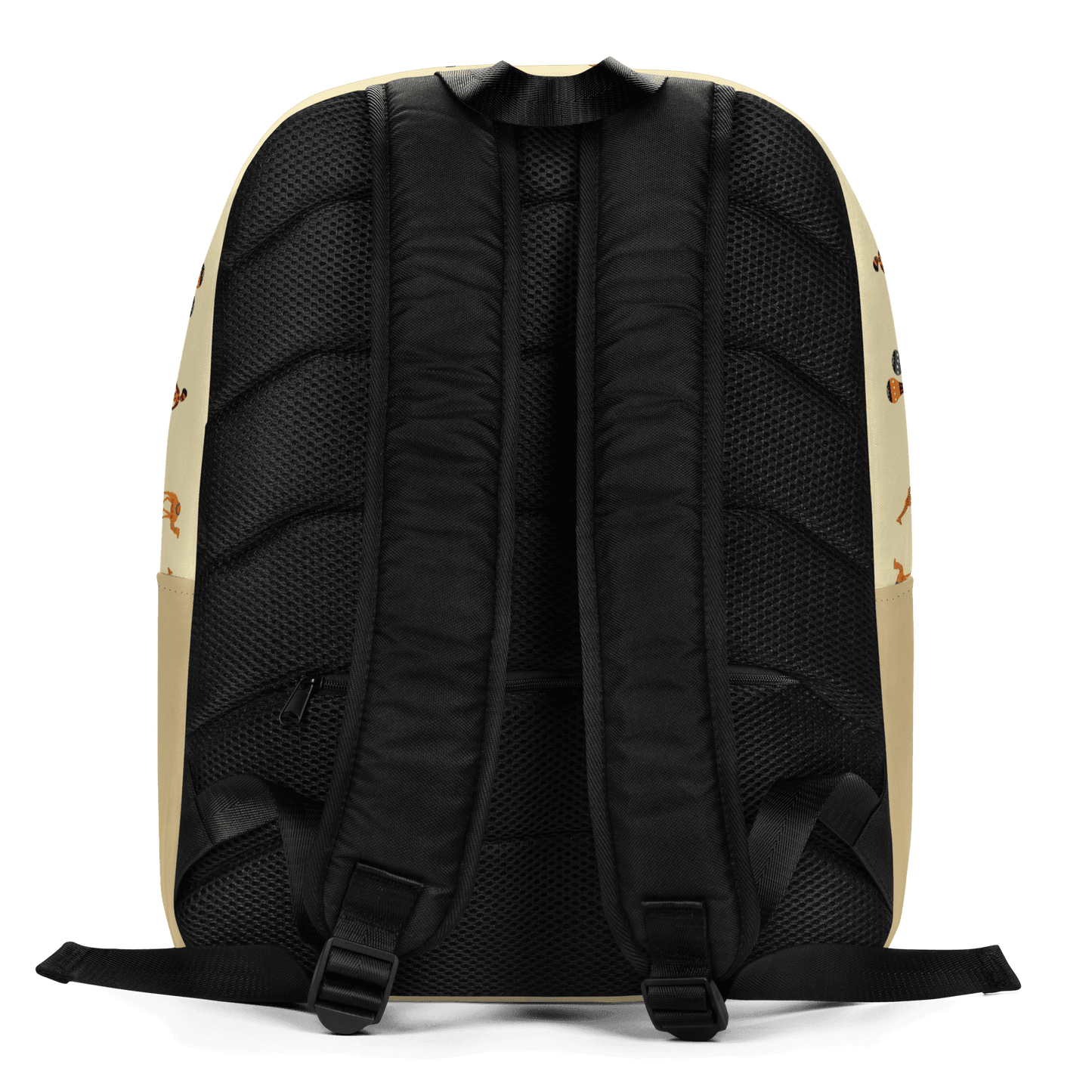 Back view of a beige backpack with black straps 