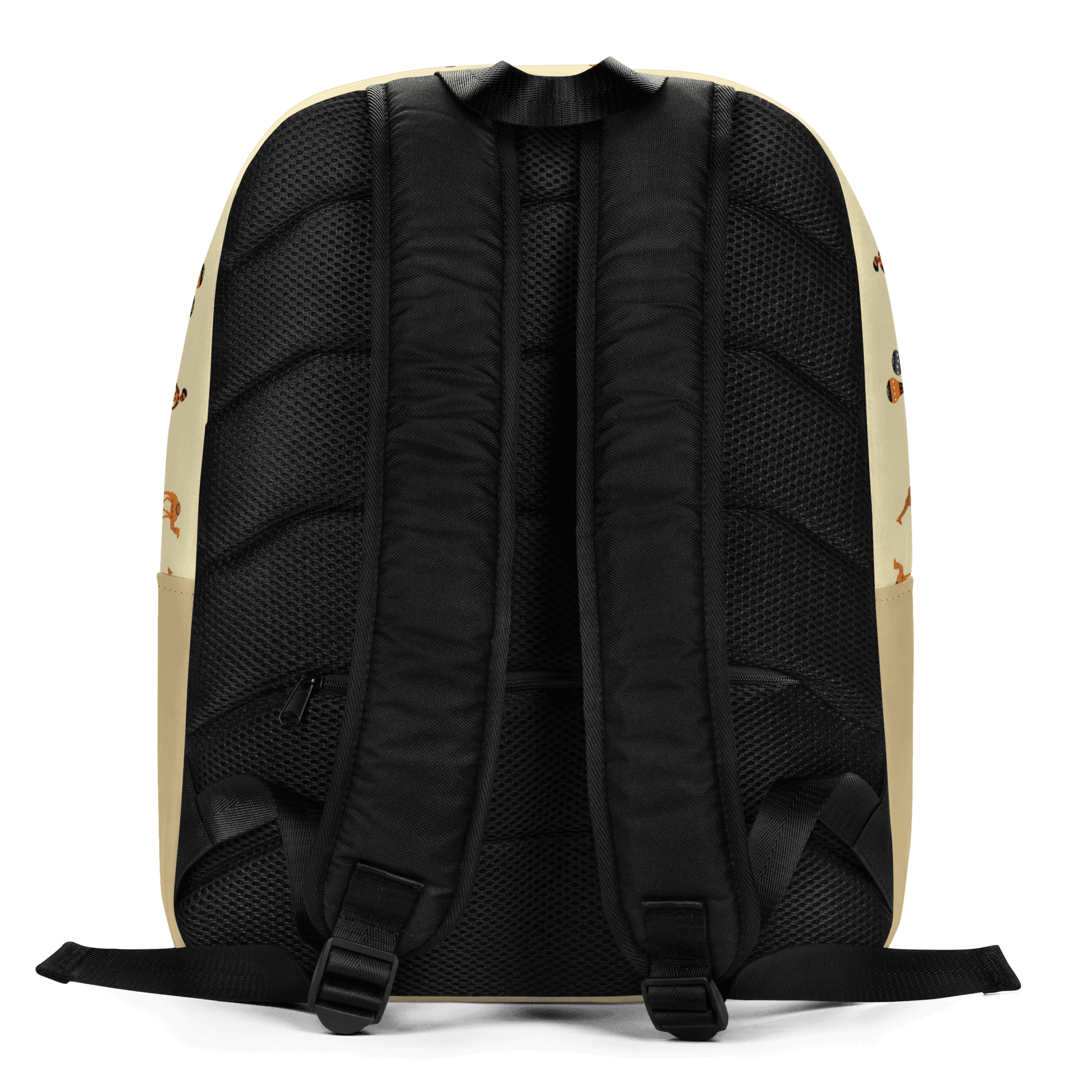 Back view of a beige backpack with black straps 