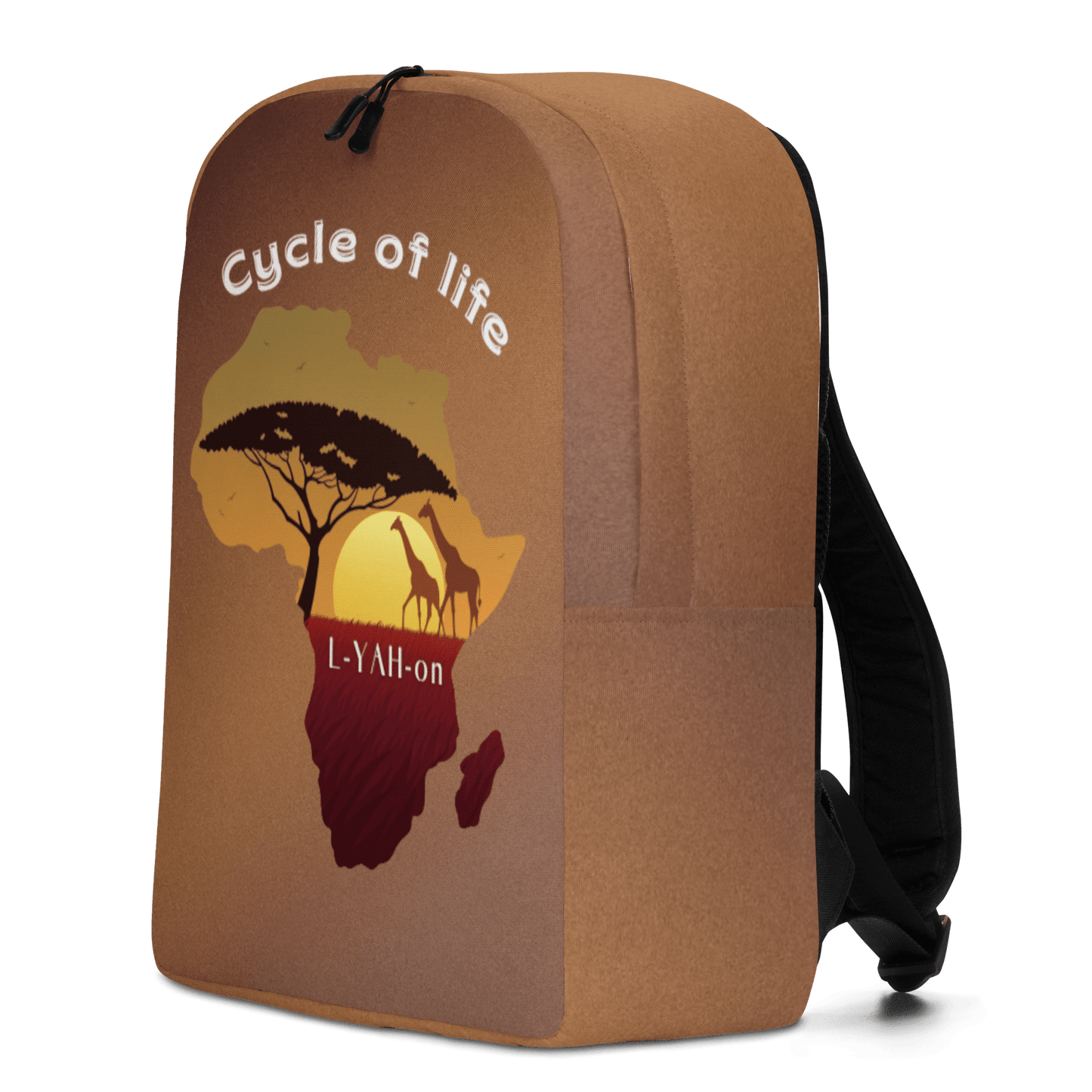 Brown backpack with 'Cycle of life' and 'L-YAH-on' 