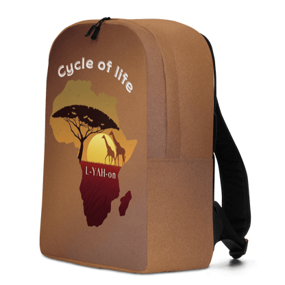 Brown backpack with 'Cycle of life' and 'L-YAH-on' 
