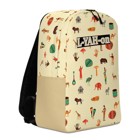 Backpack with colorful patterns and 'L-YAH-on' branding on a beige background