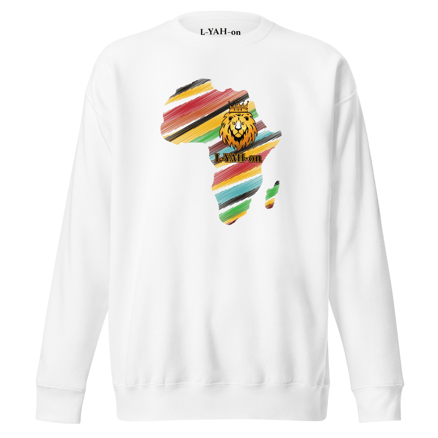 White sweatshirt with a colorful Africa map and lion design on the back