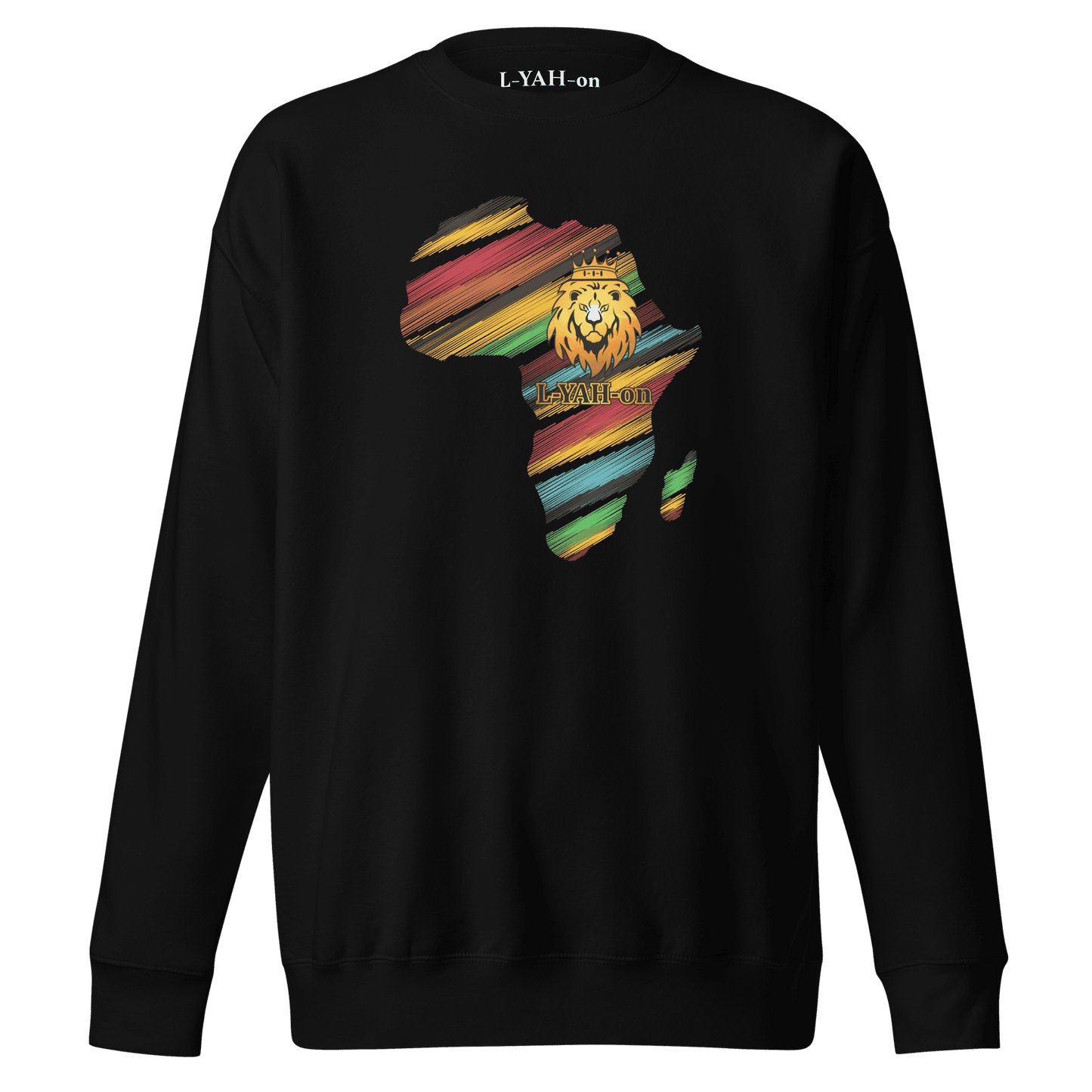 Black sweatshirt with a colorful Africa map and lion design
