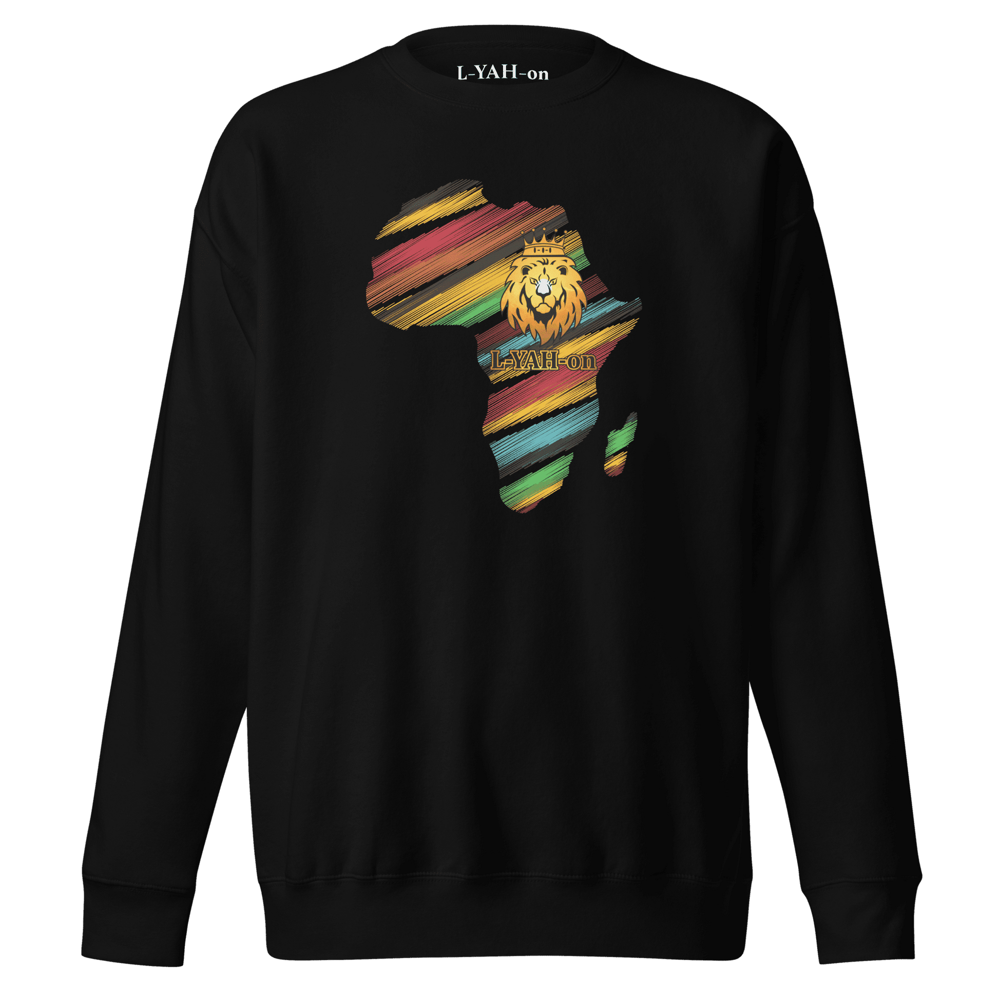 Black sweatshirt with a colorful Africa map and lion design