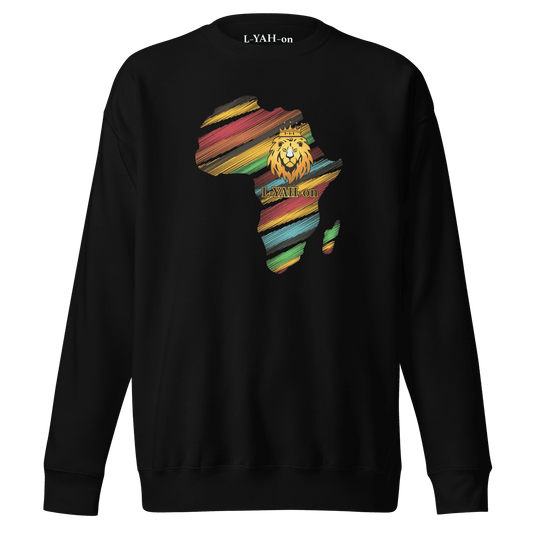 Black sweatshirt with a colorful Africa map and lion design