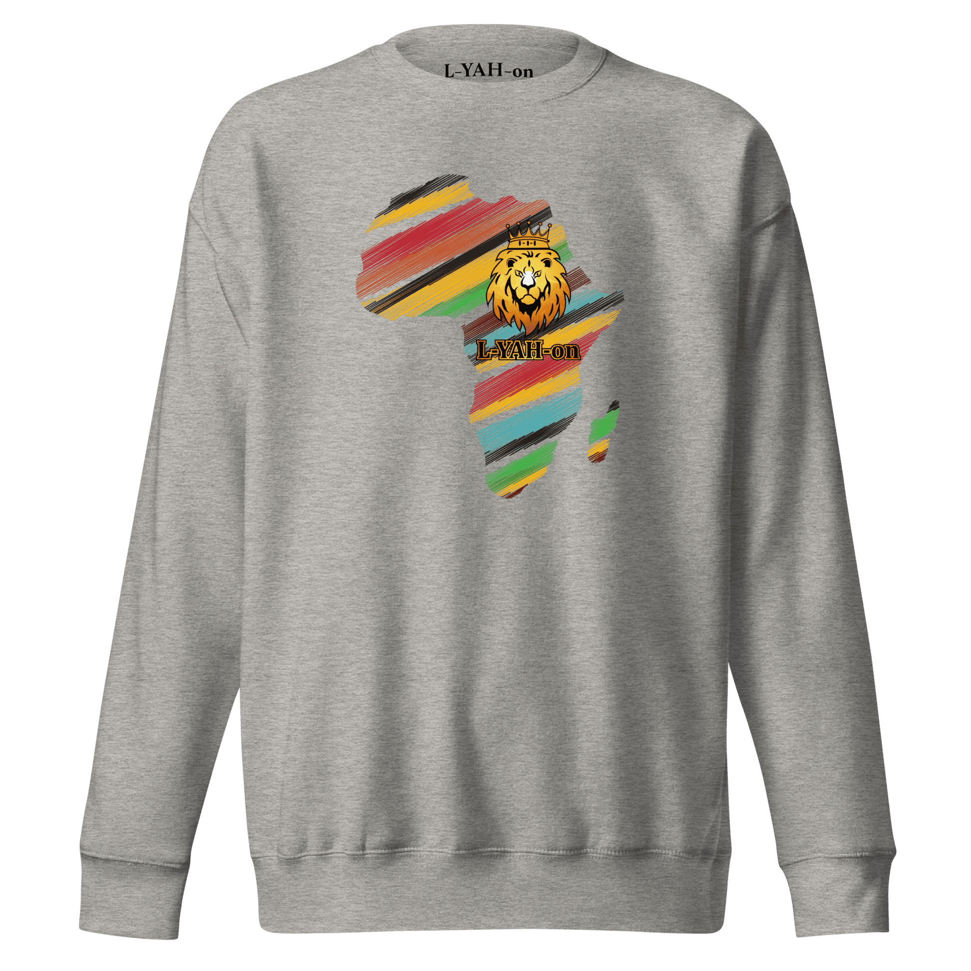 Gray sweatshirt with a colorful Africa map and lion design