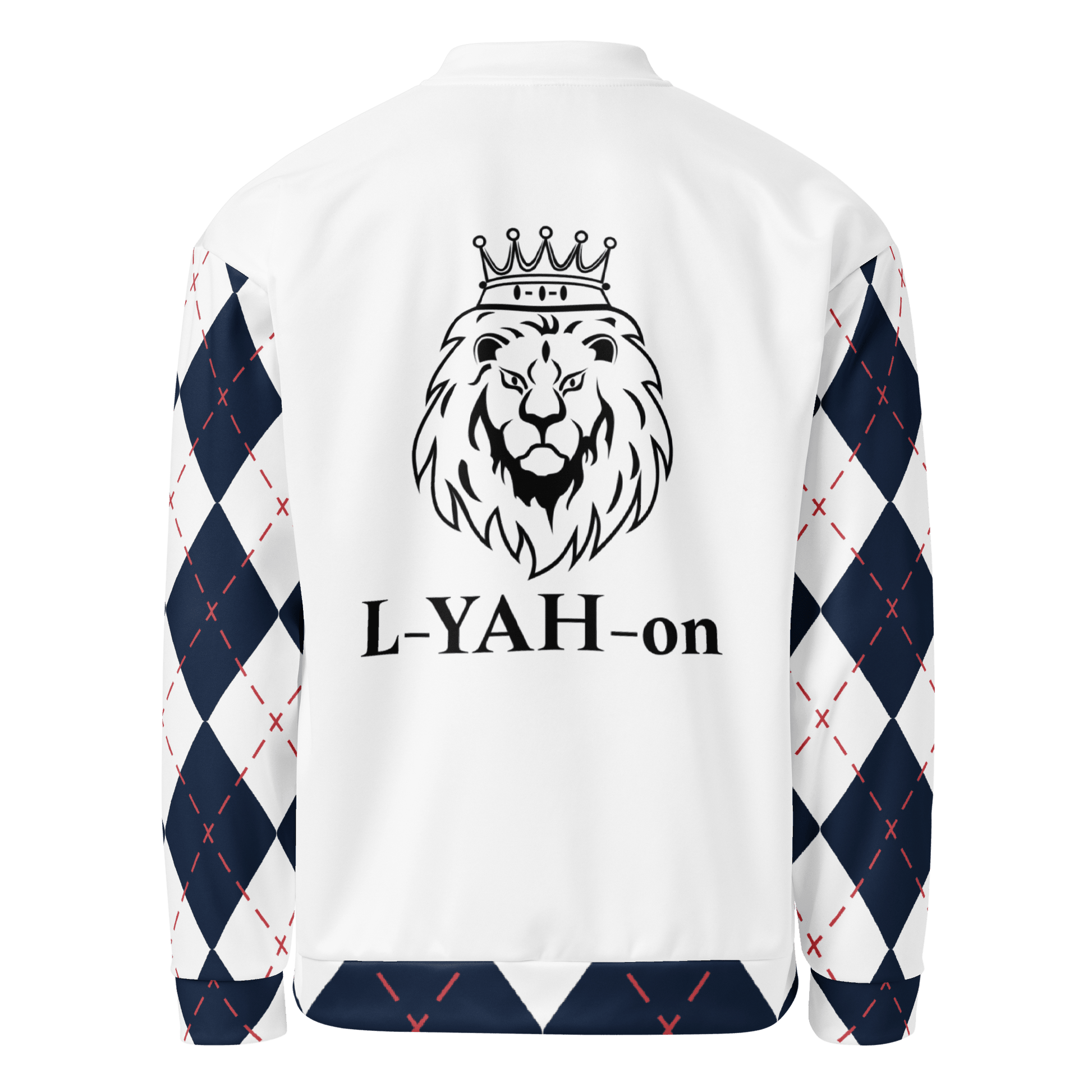White sweatshirt with argyle pattern sleeves and lion graphic with crown on the back, featuring 'L-YAH-on' text.