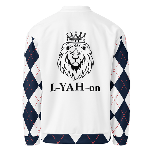 White sweatshirt with argyle pattern sleeves and lion graphic with crown on the back, featuring 'L-YAH-on' text.