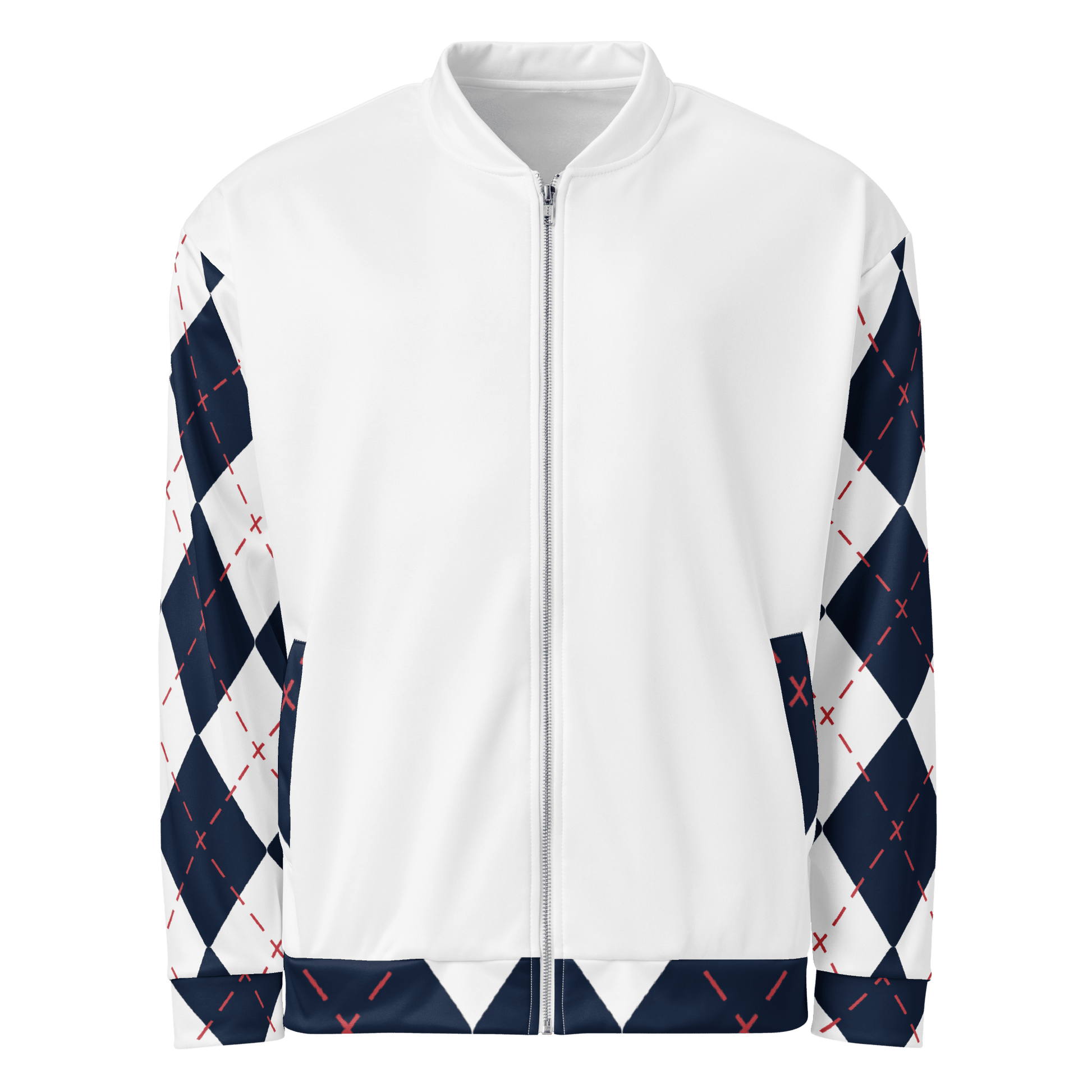 White jacket with navy and red argyle pattern on sleeves and hem against a white background