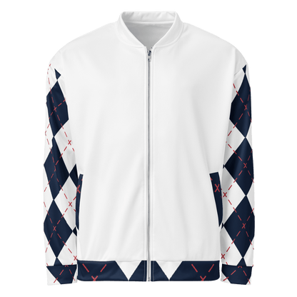 White jacket with navy and red argyle pattern on sleeves and hem against a white background